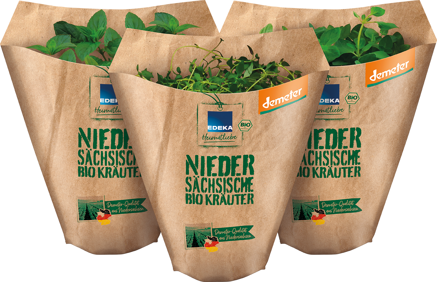 Drei Kräutertöpfe der Marke EDEKA Heimatliebe mit der Aufschrift Niedersächsische Biokräuter.