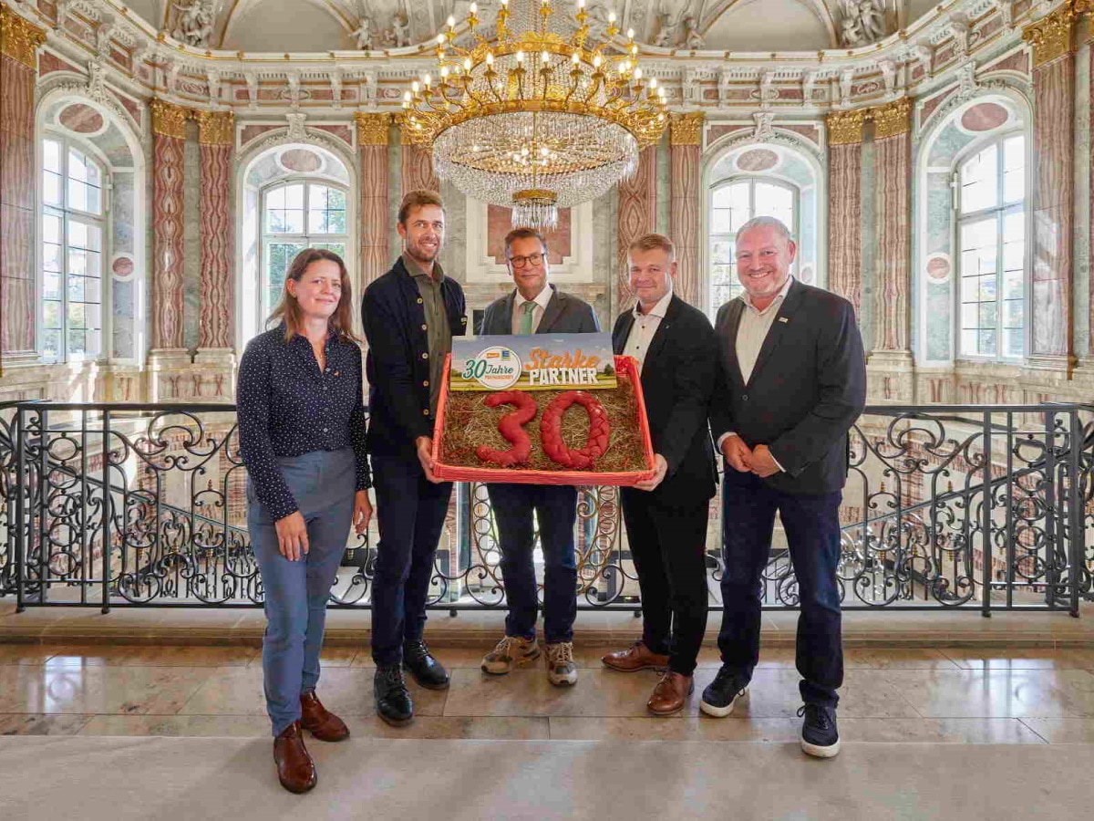 5 Personen in einem Barock-Gebäude mit Kronleuchter halten eine Kiste mit einer 30 und der Aufschrift Starke Partner.
