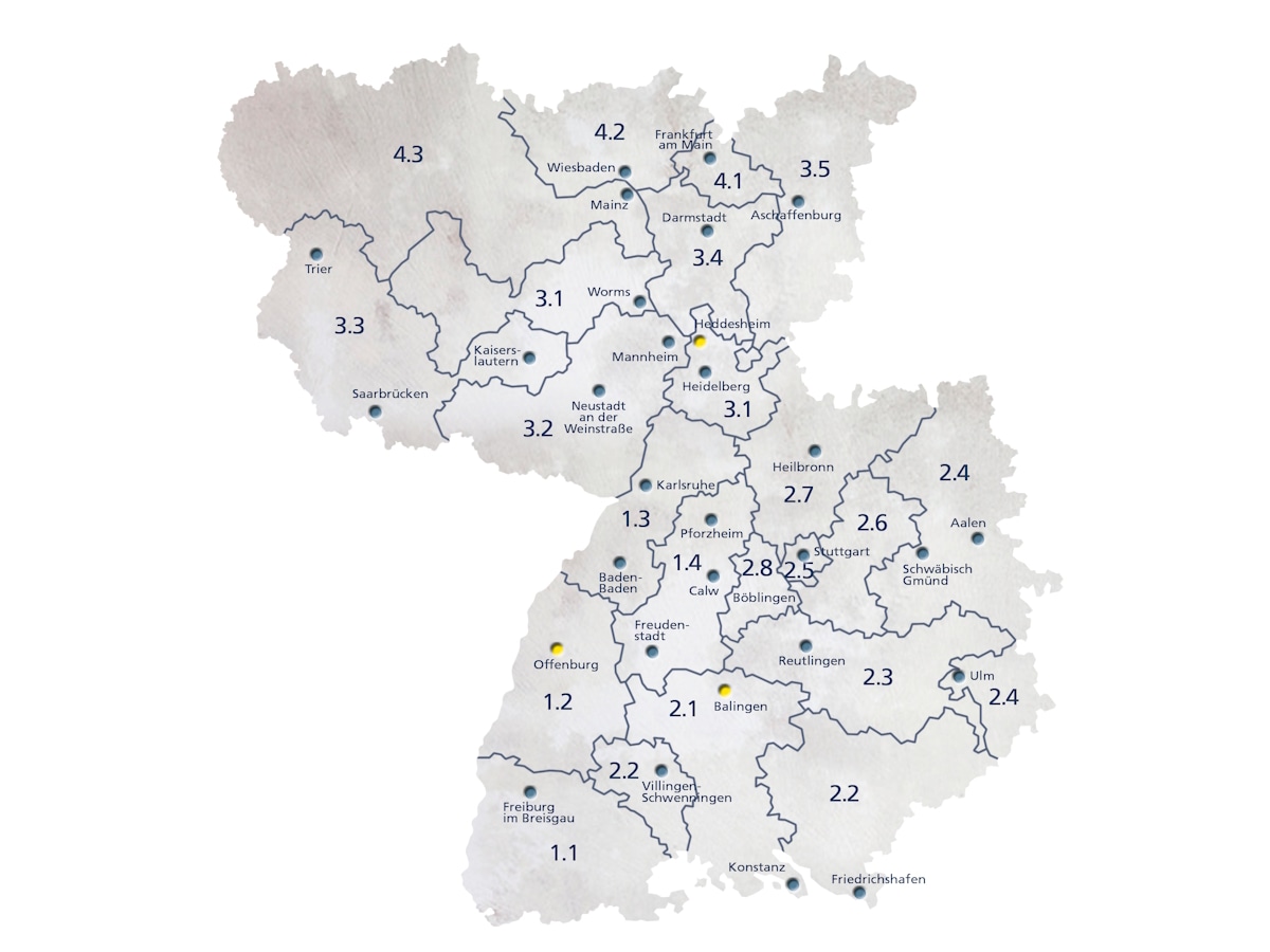 Zeichnung einer Karte des Gebiets der EDEKA Südwest, unterteilt in die Gebiete der zuständigen Ansprechpersonen.