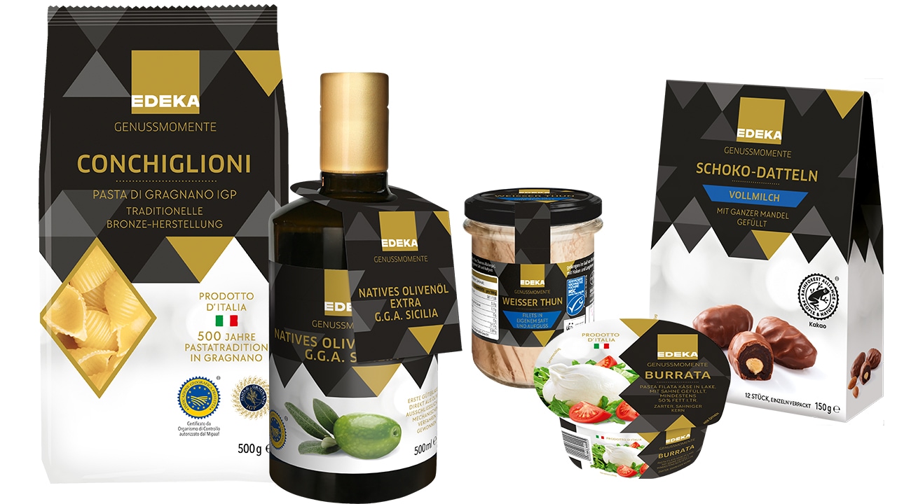 Collage verschiedener Lebensmittel der EDEKA Eigenmarke Genussmomente: z.B.Conchiglioni, Olivenöl, Weisser Thun, und Burrata.