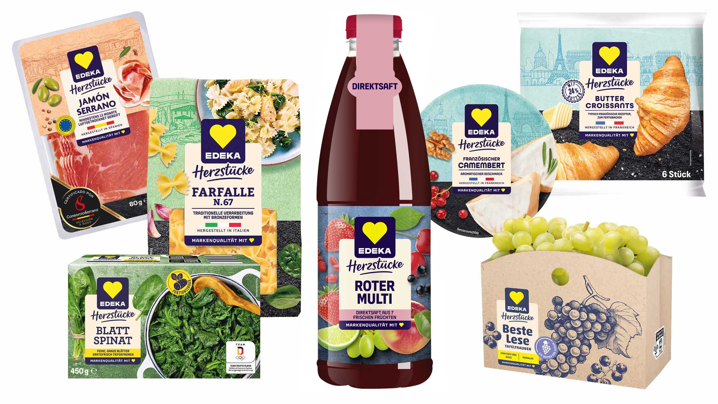 Collage verschiedener Lebensmittel der EDEKA Eigenmarke Herzstücke. Jamon Serrano, Farfalle, Blattspinat, Roter Multi, Käse.