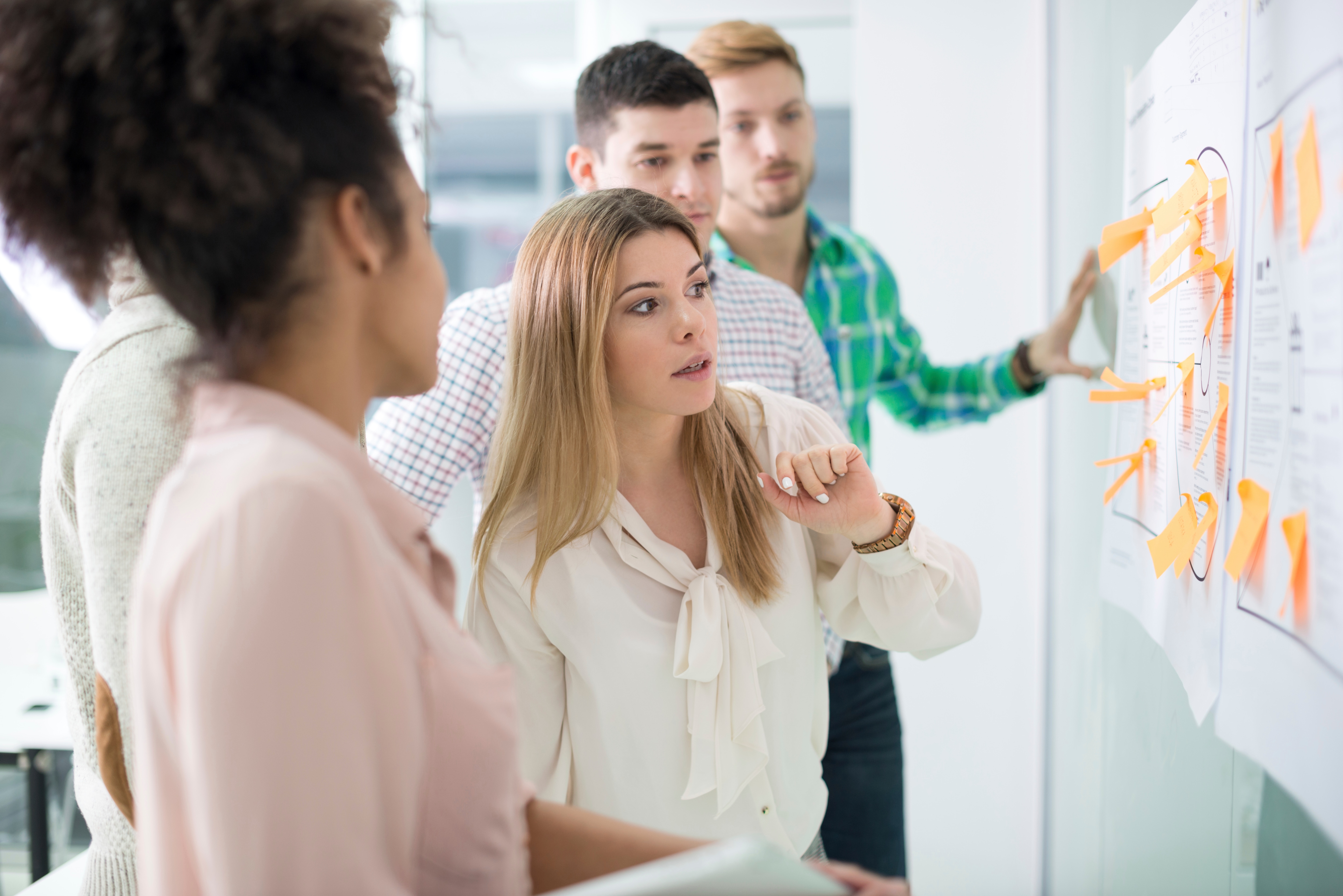 Zwei junge Frauen und zwei junge Männer stehen vor einer Wand mit weißen Papieren und gelben Post-It-Zetteln.