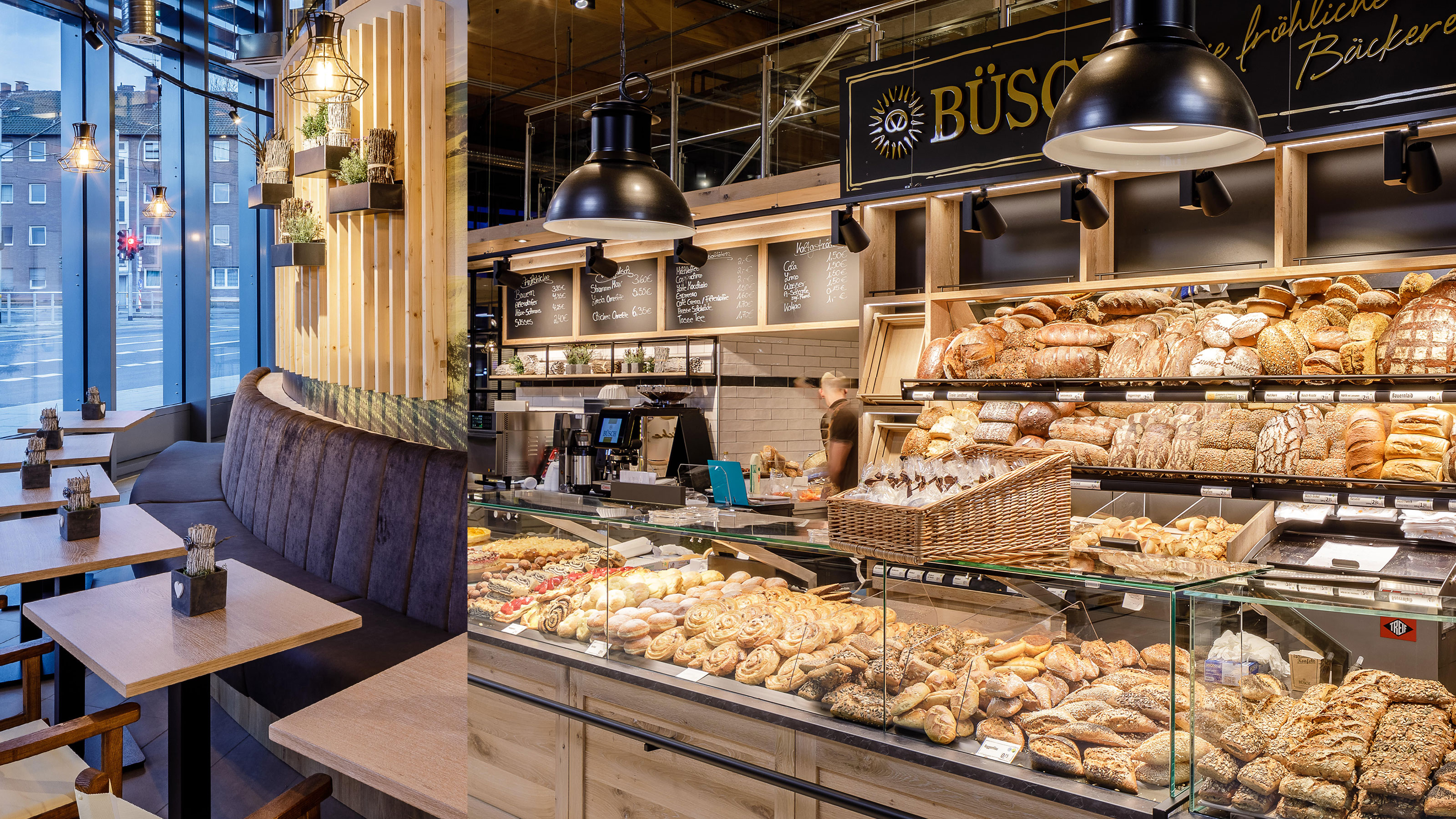 Auslage der Bäckerei Büsch mit vielfältiger Auswahl an frischen Backwaren. 