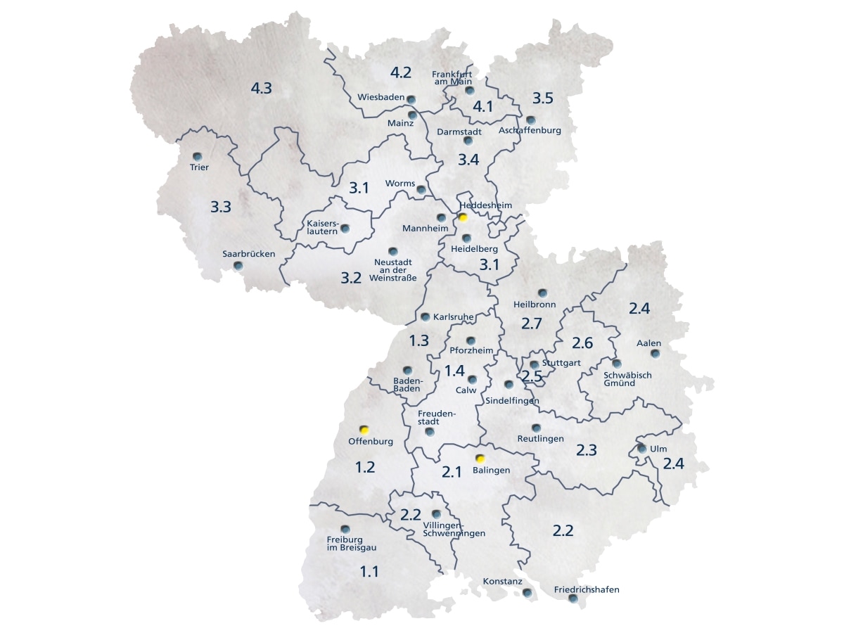 Zeichnung einer Karte des Gebiets der EDEKA Südwest, unterteilt in die Gebiete der zuständigen Ansprechpersonen.