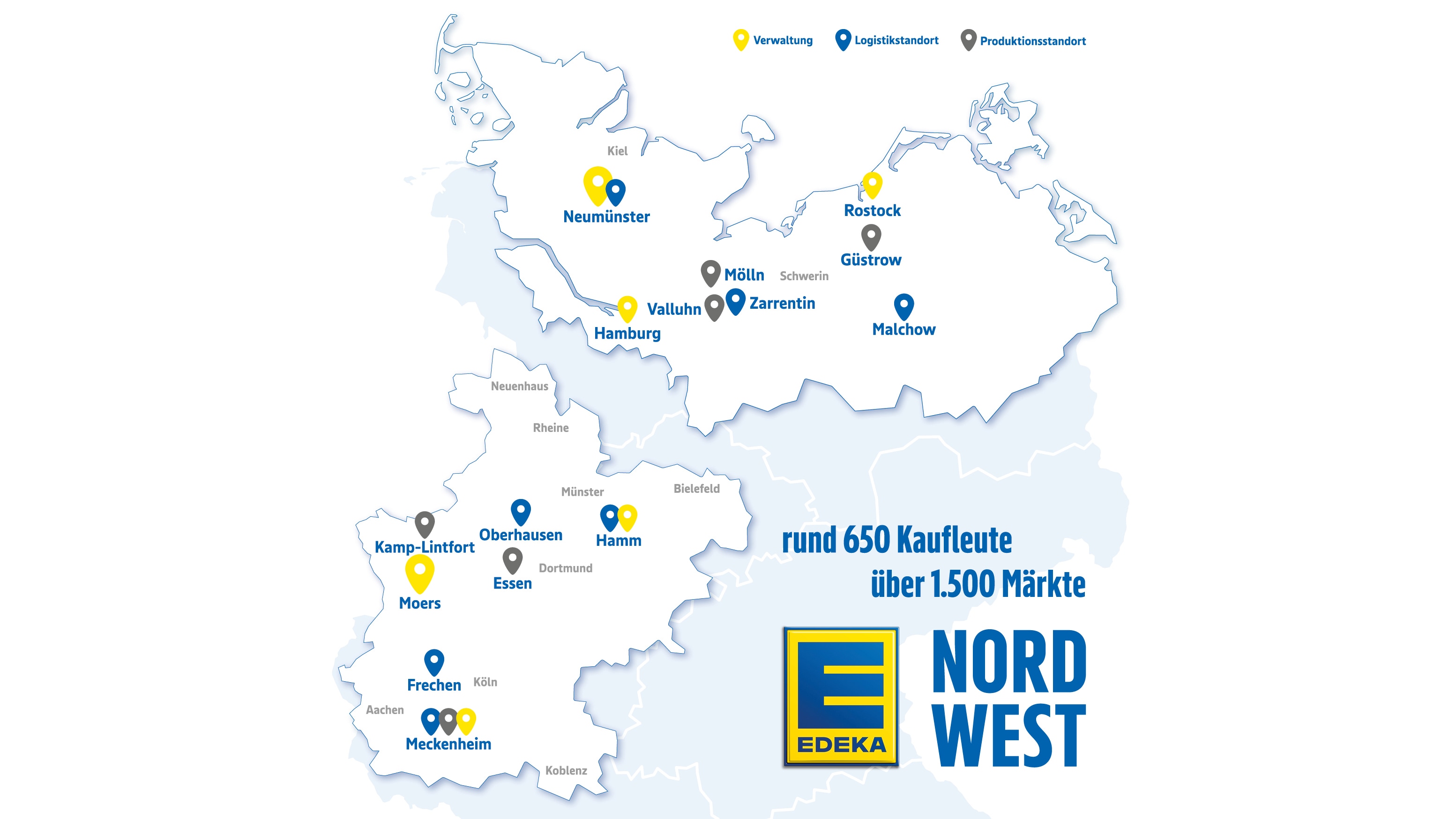 Absatzgebiet EDEKA Nordwest mit Verwaltungs-, Logistik- und Produktionsstandorten