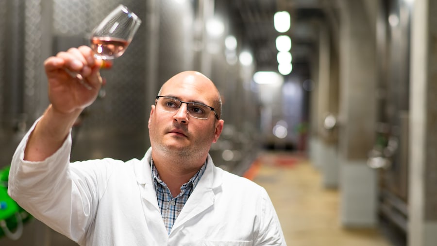 Mitarbeiter in einem weißen Kittel hält vor einer Abfüllanlage ein Glas Wein in die Luft