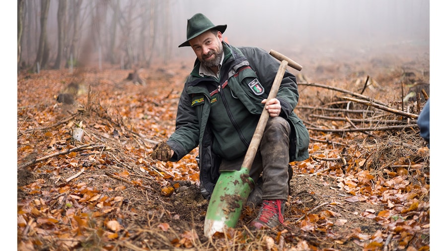 EDEKA Minden-Hannover Azubi-Baumpflanzaktion 2024 - Helfer kniet und lächelt freundlich in die Kamera