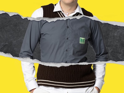 Azubi aus dem Einzelhandel vor gelbem Hintergrund mit Risskante