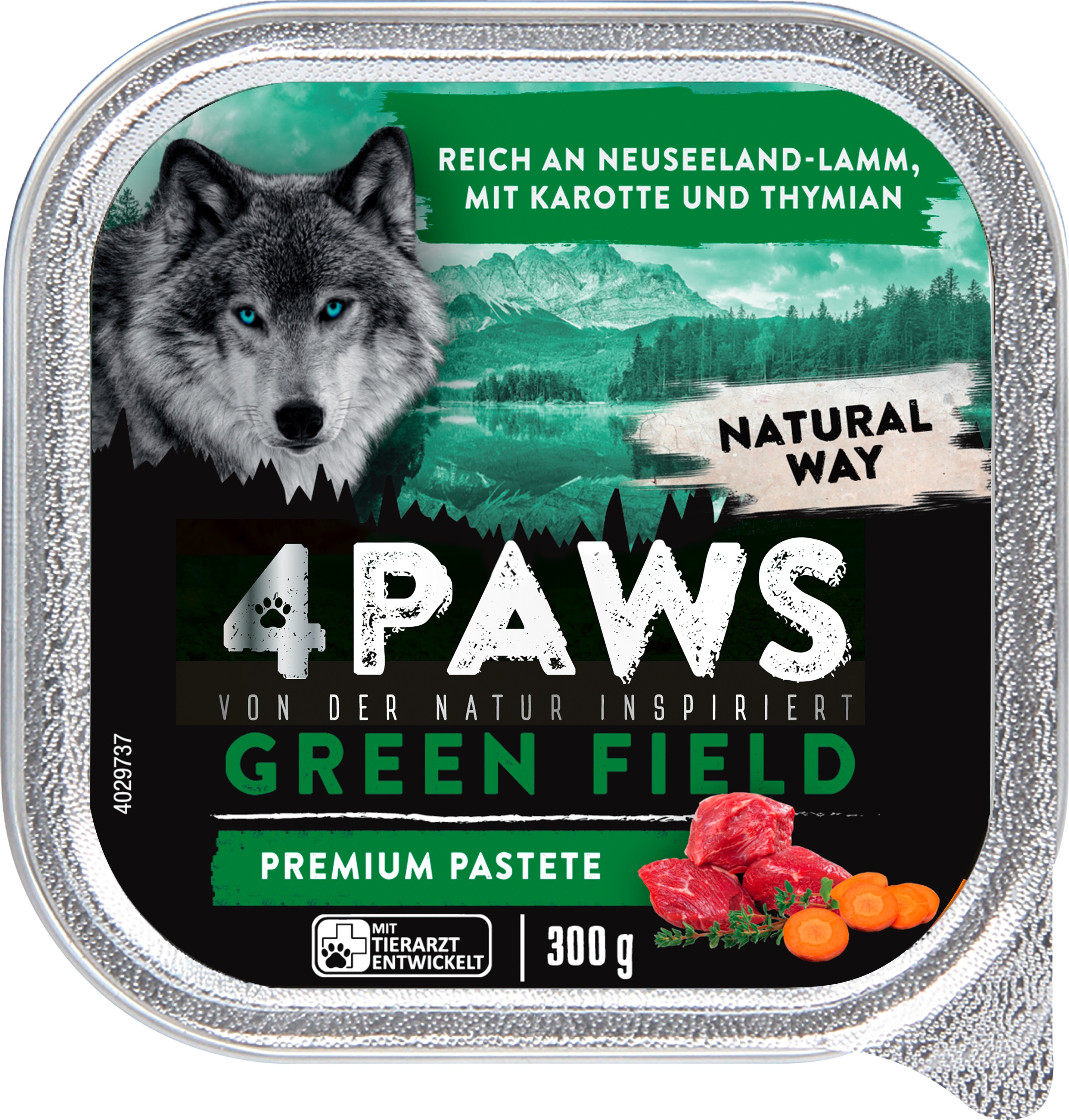 4PAWS Green Field Premium Pastete reich an Neuseeland-Lamm mit Karotte und  Thymian