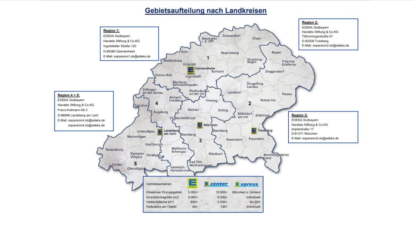 Gebietskarte EDEKA Südbayern mit Kennzahlen