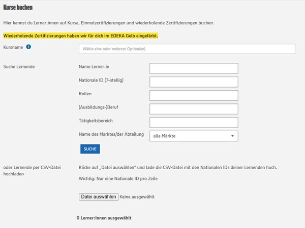 Screenshot der Kursbuchung für Beauftragte