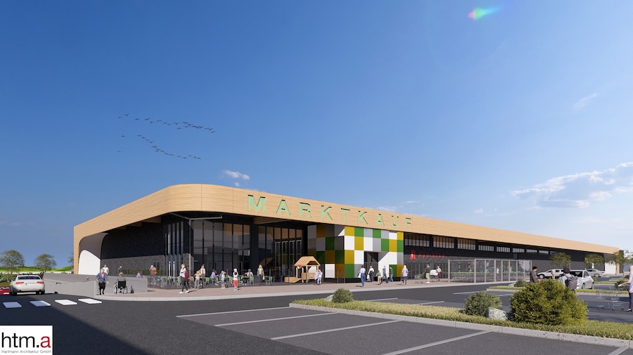 Visualisierung des MARKTKAUF von außen mit dunkler Fassade und oben am Dach mit heller Holzumrandung.