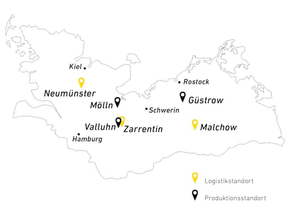 Grafische Darstellung des Absatzgebiets von EDEKA Nord inklusive Logistik- und Produktionsstandorte