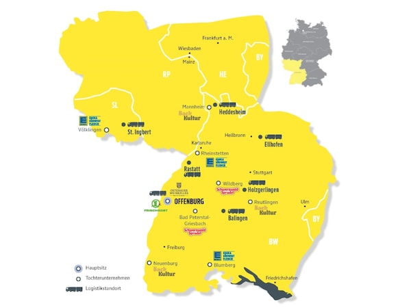Das Vertriebsgebiet erstreckt sich über Baden-Württemberg, Rheinland-Pfalz, Saarland, den Süden Hessens und Teile Bayerns