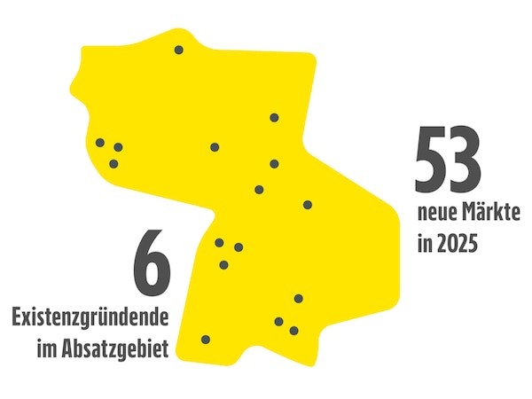 Karte mit gelbem Absatzgebiet und schwarzen Punkten, die symbolisch neue Märkte zeigen.