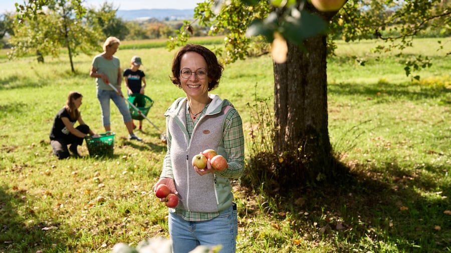 Lächelnde Frau präsentiert frische Äpfel auf einer sonnigen Streuobstwiese. 