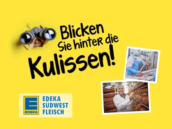 Gelber Papierhintergrund den ein Fernglas durchbrochen hat. Daneben steht: Blicken Sie hinter die Kulissen!