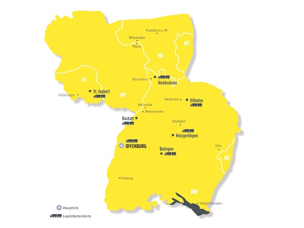 Gelbe Karte mit dem gesamten Liefergebiet der EDEKA Südwest auf der die Lage der 7 Logistikstandorte gekennzeichnet ist.